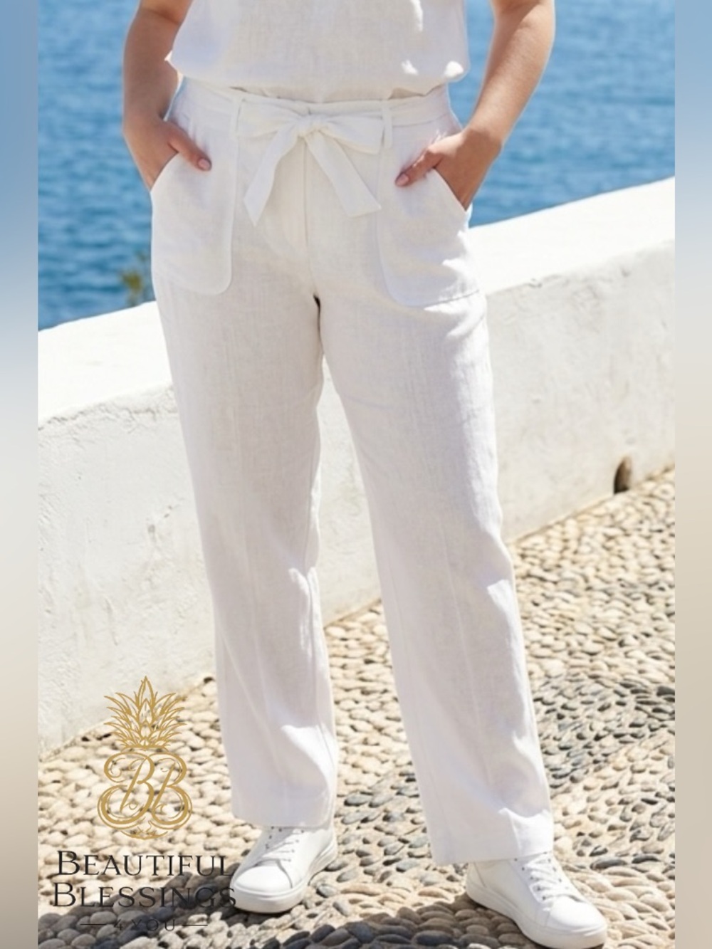 Cremieux 100% Linen White Wide Leg Waist Pants Women’s Small Coastal Summer